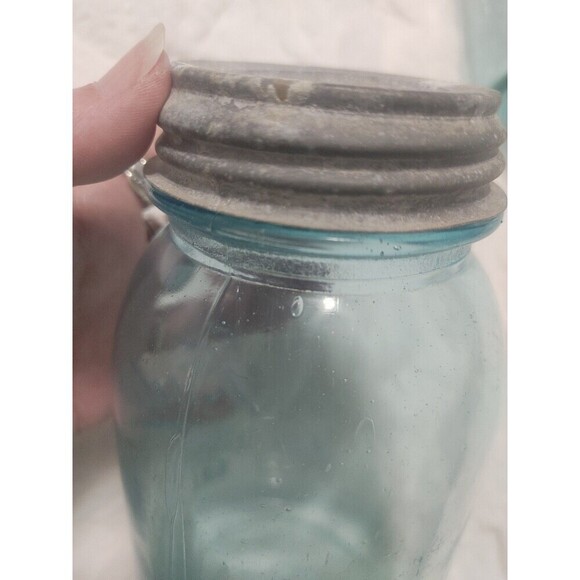Vintage Blue Glass Ball Mason Jar Extended A Bubbles One Zinc Lid 2 Jars - Picture 10 of 13